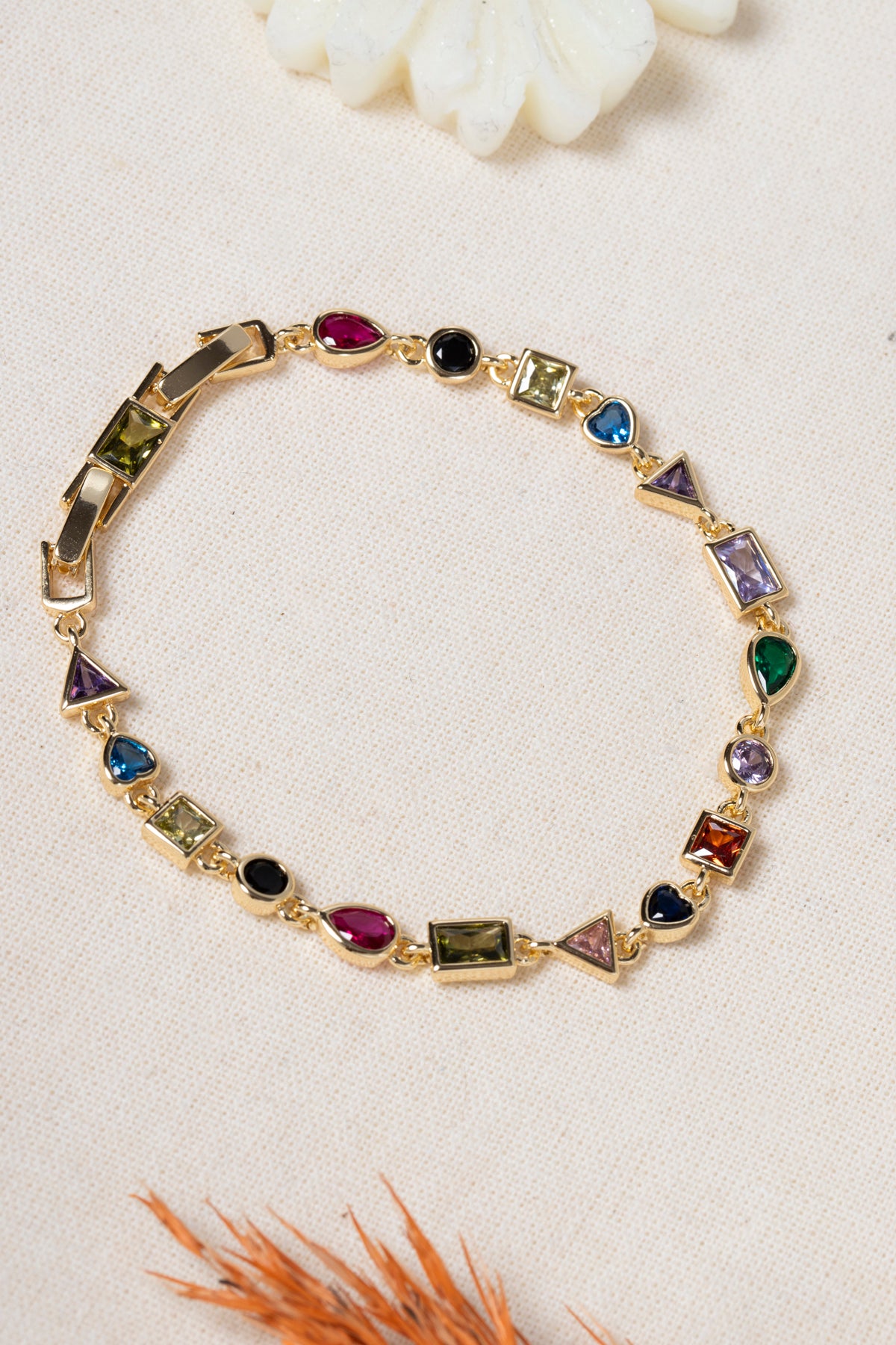 Kadın Renkli Zirkon Taşlı Tasarım 14K Gold Kaplama Bileklik