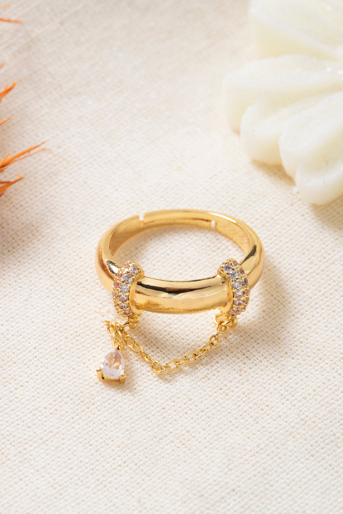 Zincirli Modern Ayarlanabilir Damla Detaylı Gold Yüzük