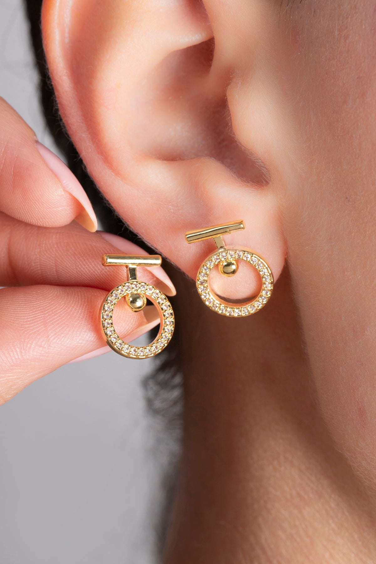 Zirkon Taşlı Modern Halka Küpe / 14K Altın Kaplama Küpe